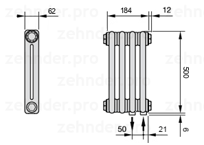 Схема (чертеж) Радиатор Zehnder Charleston 2050/4 №5510 Белый глянцевый RAL 9016
